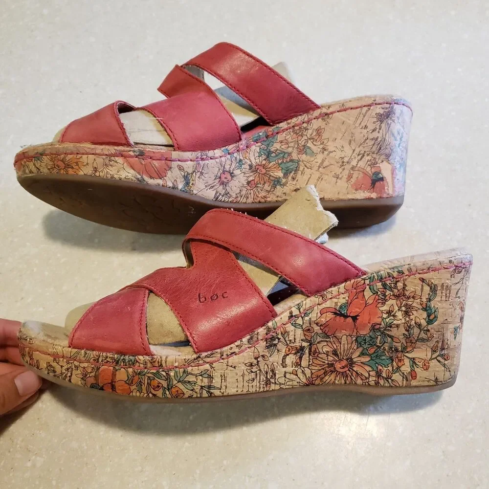 BOC Born Concept Wedge Sandals Sz 9M Red Leather Floral Cork Heels Slip On EUC
